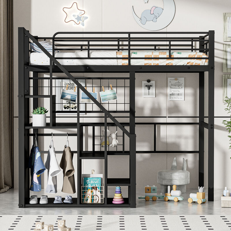 Merax Metal Loft Bed with Storage Staircase and Small Wardrobe