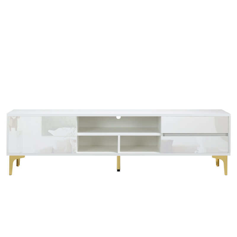 White TV stand with LED lights and gold legs