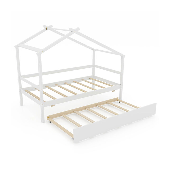 Kids Twin Size House Bed with Trundle and Roof Fun and Functional Sleep Space