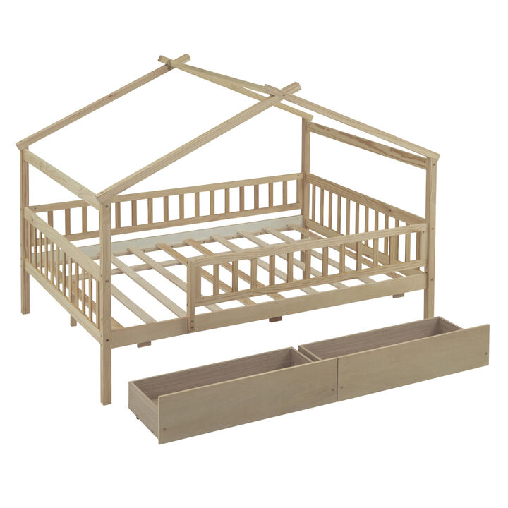 Streamdale Full Size Wooden House Bed With Two Drawers