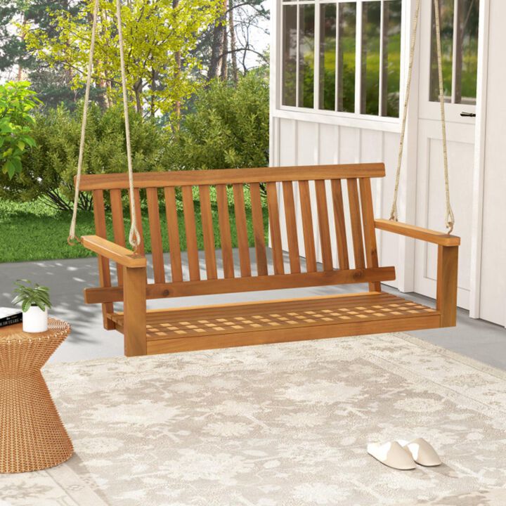 Hivvago 2-Seat Acacia Wood Porch Swing Bench with 2 Hanging Hemp Ropes