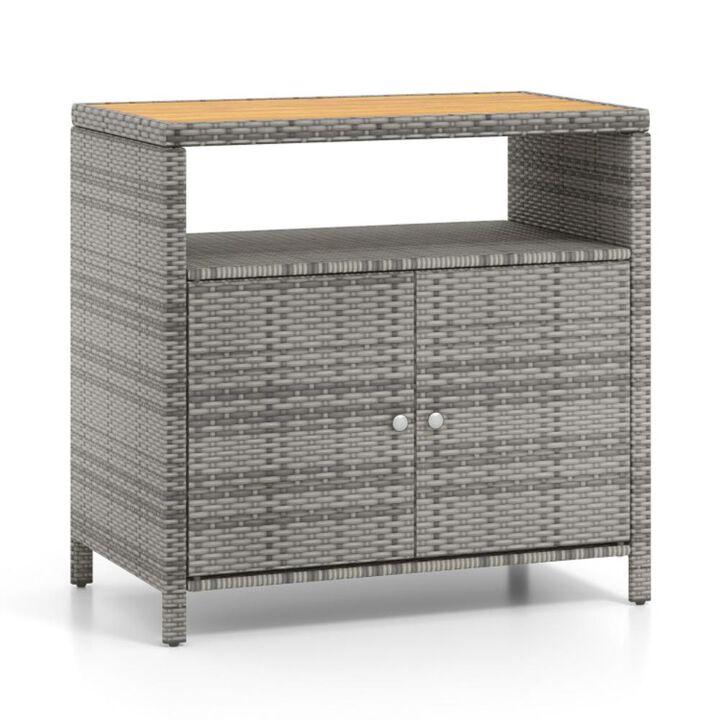 Hivvago Rattan Storage Cabinet with Acacia Wood Countertop for Poolside Deck and Patio