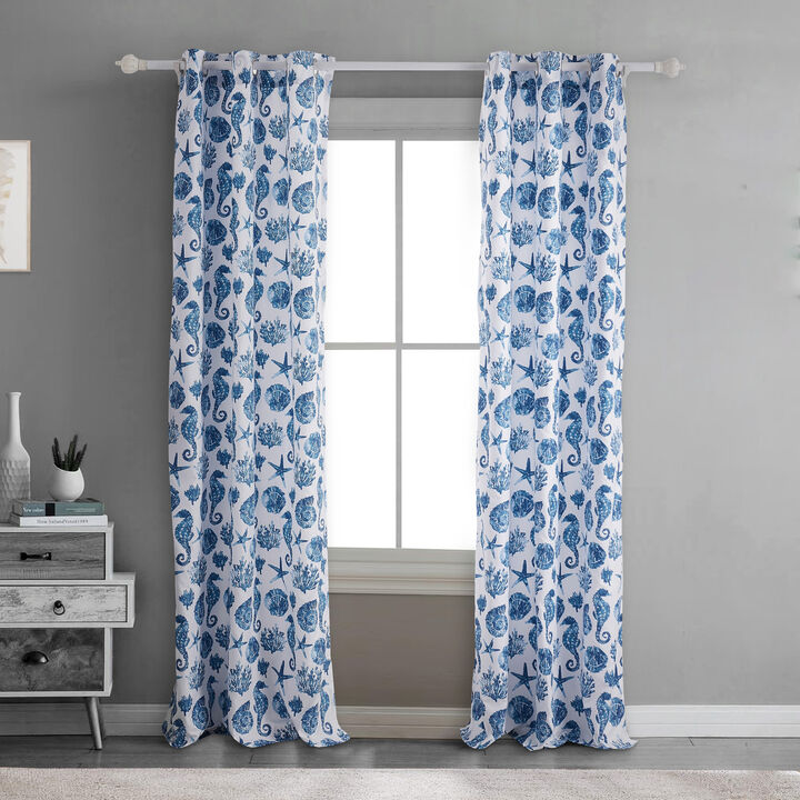Riga 84 Inch Window Curtains, Blue Seashells Print, Microfiber, Rod Pockets - Benzara