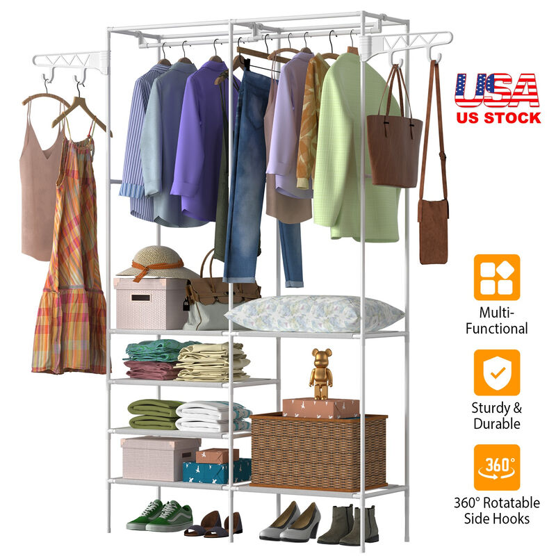 Closet Storage Rack with 4 Shelves and Hanging Rod Holds Up to 33lbs