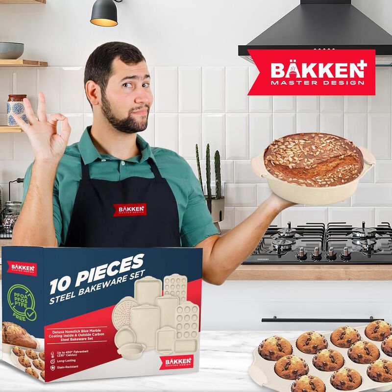 BAKKEN Kitchen Baking Pan Set - Nonstick Coating, Carbon Steel Bakeware Sets with Silicone Handles, Baking Kitchen Essentials, PFOA, PFOS, PTFE Free, Oven Safe Tray (Up To 450° F), Set of 10