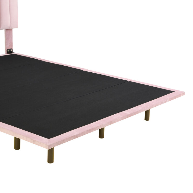 Queen Size Upholstered Bed With Sensor Light And Headboard, Floating Velvet Platform Bed, Pink