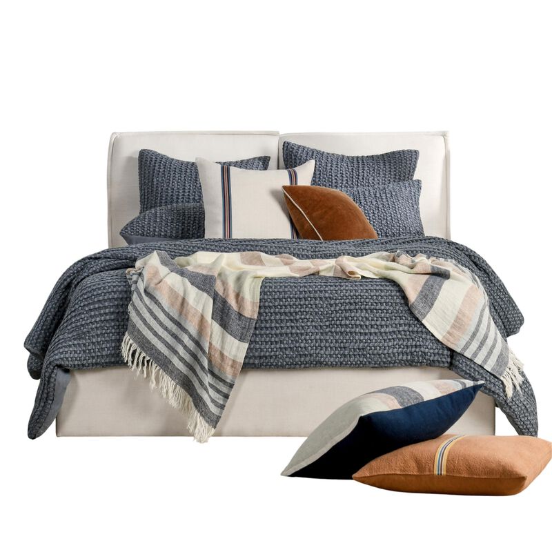 Cae King Size Quilt, Marina Blue Cotton Extra Soft Belgian Flax Linen - Benzara