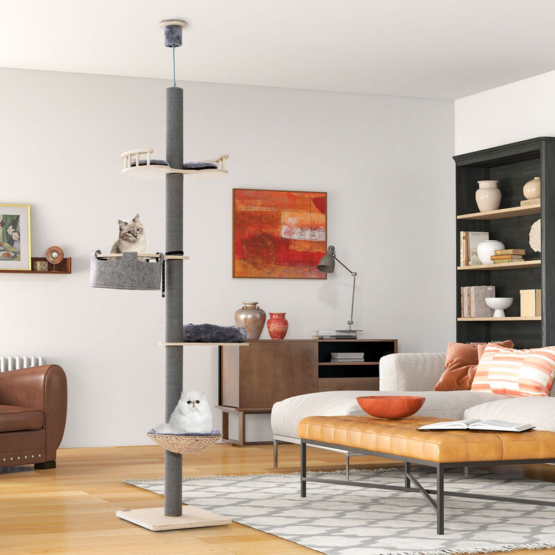 Floor to Ceiling Cat Tree with 93 Inch-107 Inch Adjustable Height-Grey