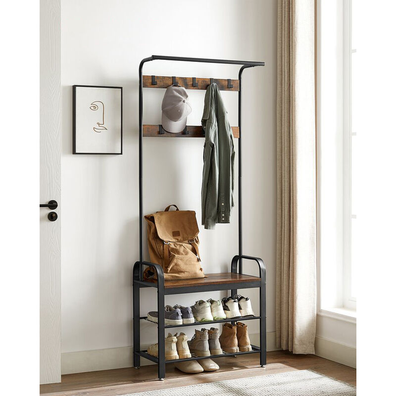 Hall Tree Coat Rack and Shoe Bench with Wood Accent and Metal Frame