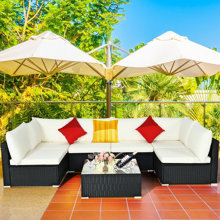 7 Pieces Sectional Wicker Furniture Sofa Set with Tempered Glass Top-Beige