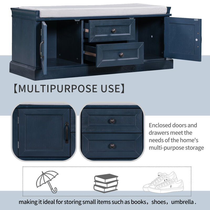 Storage Bench With 2 Drawers And 2 Cabinets, Shoe Bench With Removable Cushion For Living Room