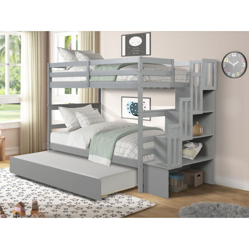 Bunk Beds Twin Over Twin Stairway Storage Function Gray