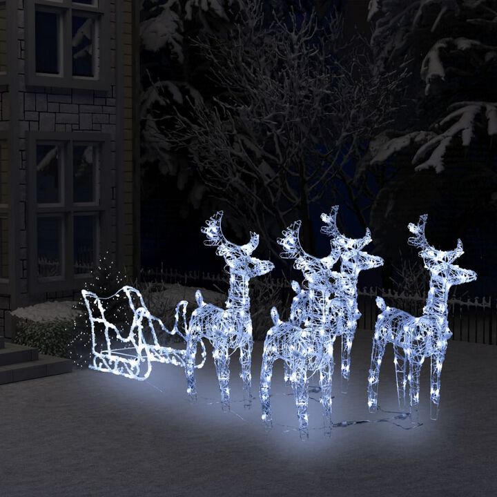 Garden 4pc Reindeer and Sleigh Christmas Decoration, 240 LEDs, White - Benzara