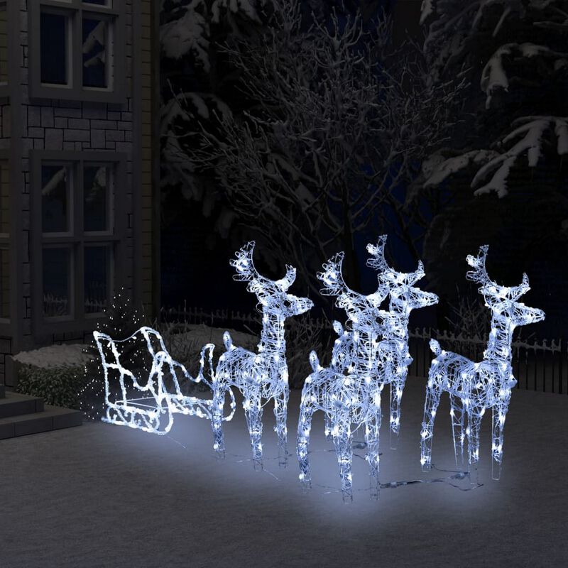 Garden 4pc Reindeer and Sleigh Christmas Decoration, 240 LEDs, White - Benzara