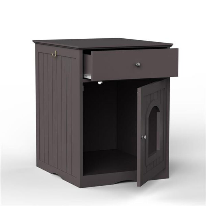 Wooden Cat Litter Box Enclosure with Drawer and Side Table Design