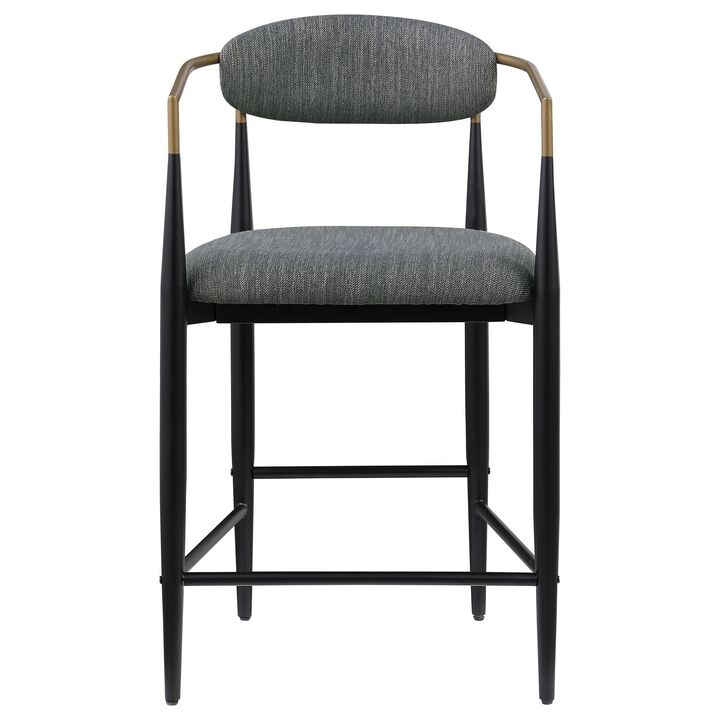 Tiara Counter Chair Set of 2, Gray Fabric, Gold, Black Metal 25 Inch - Benzara