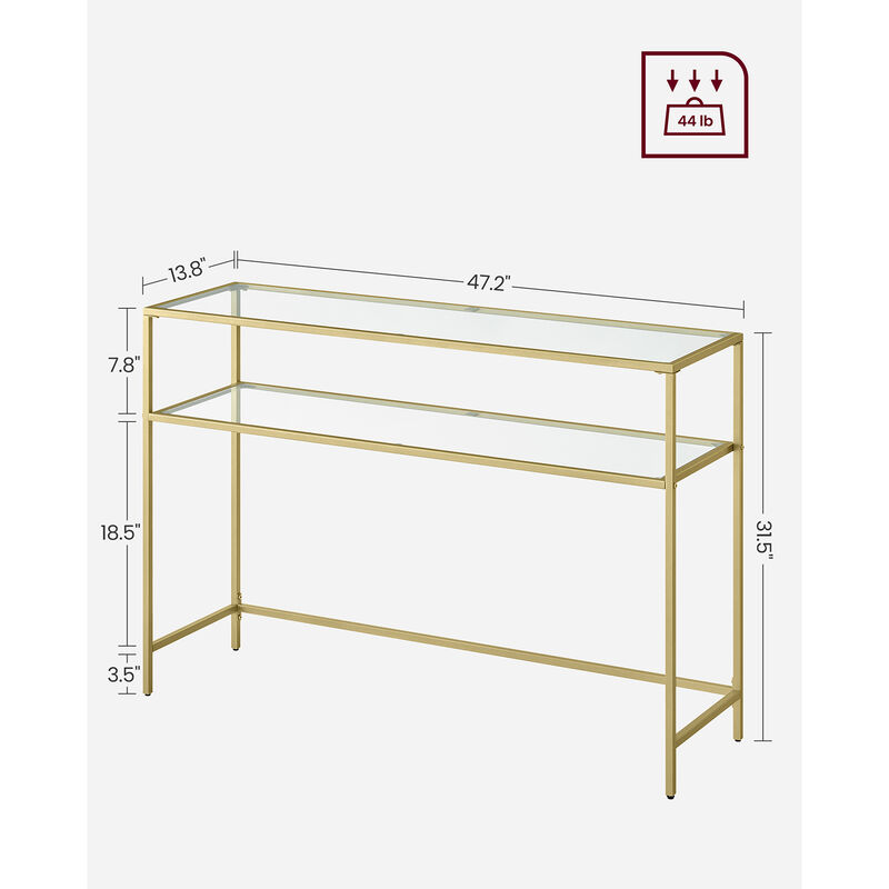 Modern Console Table with Tempered Glass & Metal Frame - Gold, 2 Shelves