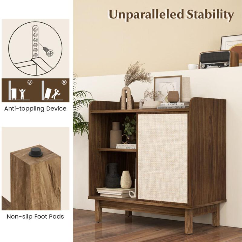 Hivvago Rattan Buffet Sideboard Mid Century Floor Storage Cabinet with Sliding Door and Adjustable Shelves