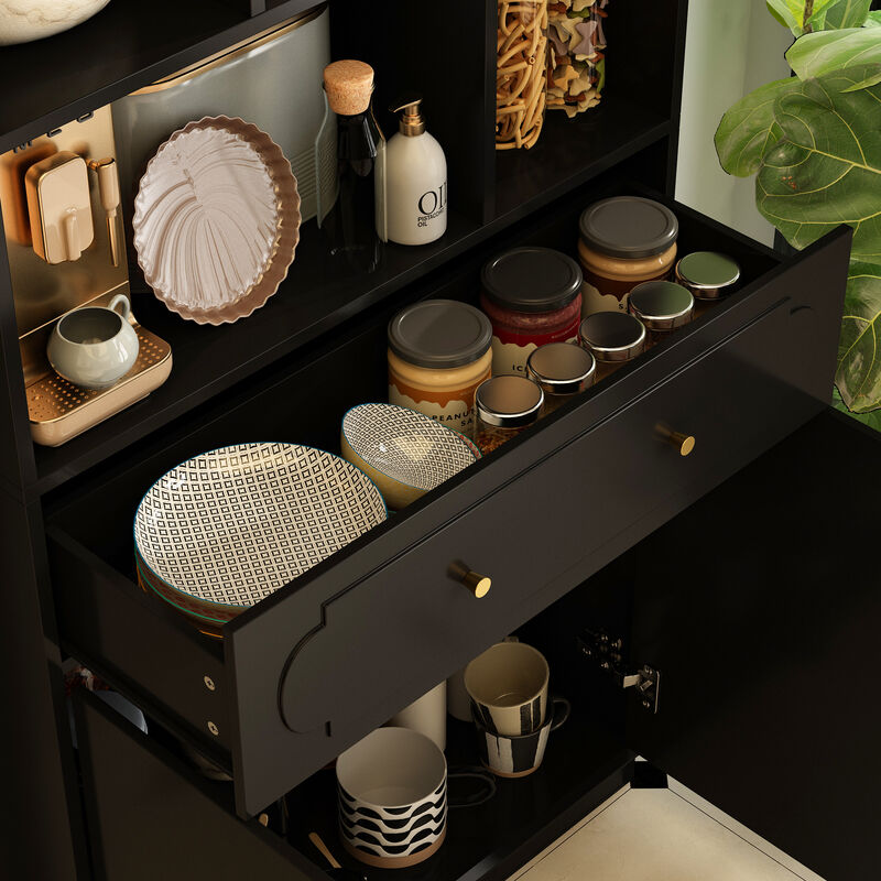 FUFU&GAGA Multi-Tier Storage Cabinet with One Drawer and Two Doors (31.5" W x 11.1" D x 71" H),Black