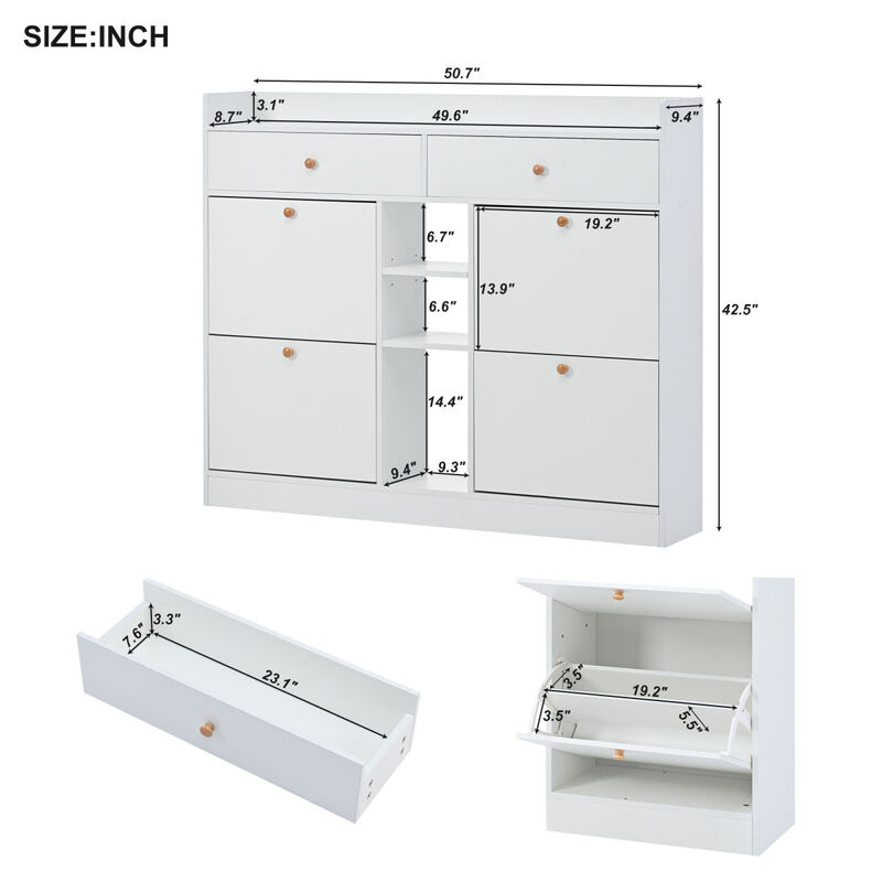 2-Tier Shoe Cabinet with 4 Flip Drawers, White