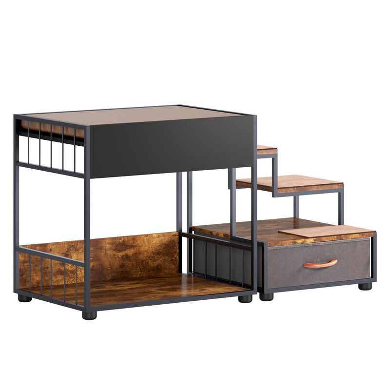 Dog Window Perch with Steps, Non-Slip Pad, Storage Drawer, and Sponge Cushion, Pet Bunk Bed, Black + Vintage