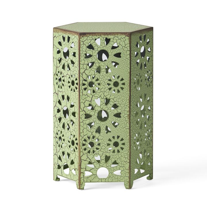 Liana Outdoor Side Table, Hexagonal 12 Inch, Sunburst Cut Out, Green - Benzara