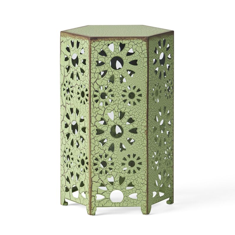 Liana Outdoor Side Table, Hexagonal 12 Inch, Sunburst Cut Out, Green - Benzara