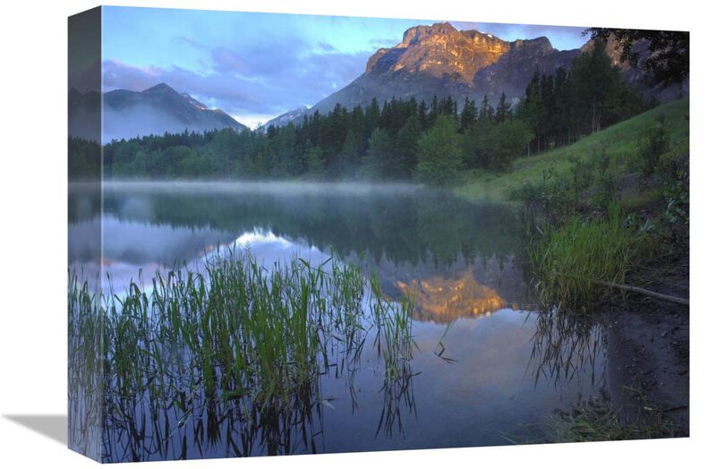 Morning light on Mt Kidd, mist rising from water, Kananaskis Country, Alberta, Canada-Canvas Art-16x12
