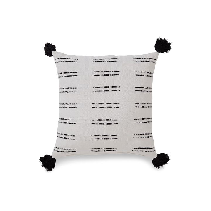 Square Accent Throw Pillow, 20 Inch Dobby Woven White Cotton, Tassels - Benzara