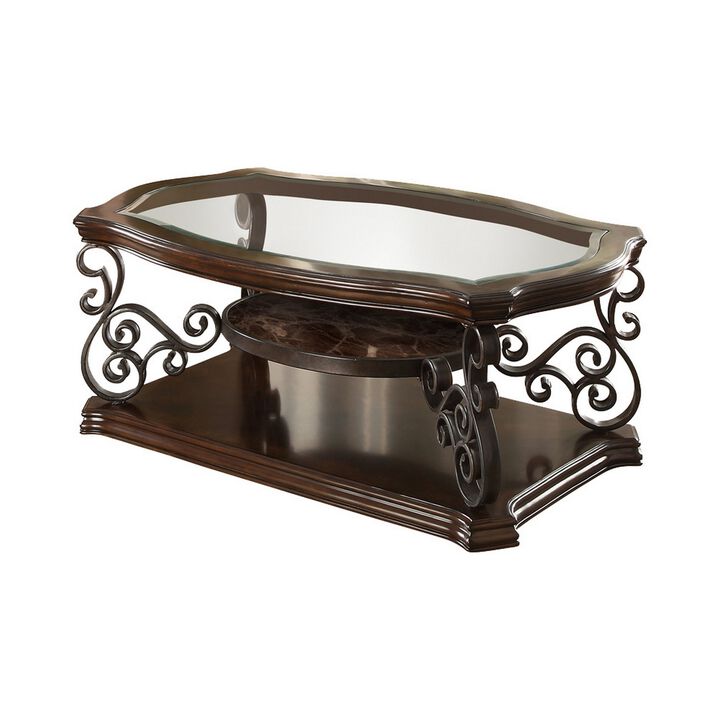 Tempered Glass Top Wooden Coffee Table with Ornate Metal Scrollwork, Brown-Benzara