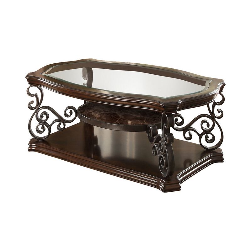 Tempered Glass Top Wooden Coffee Table with Ornate Metal Scrollwork, Brown-Benzara