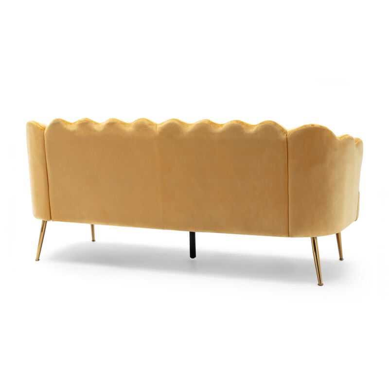 Nika Sofa, Modern Channel Stitched, 76 Inch, Solid Wood, Yellow Velvet - Benzara