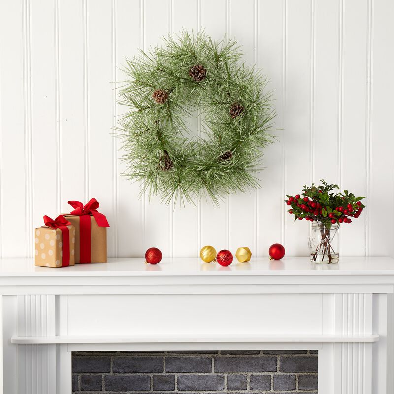 Hivvago 24" Iced Pine Artificial Wreath with Pine Cones
