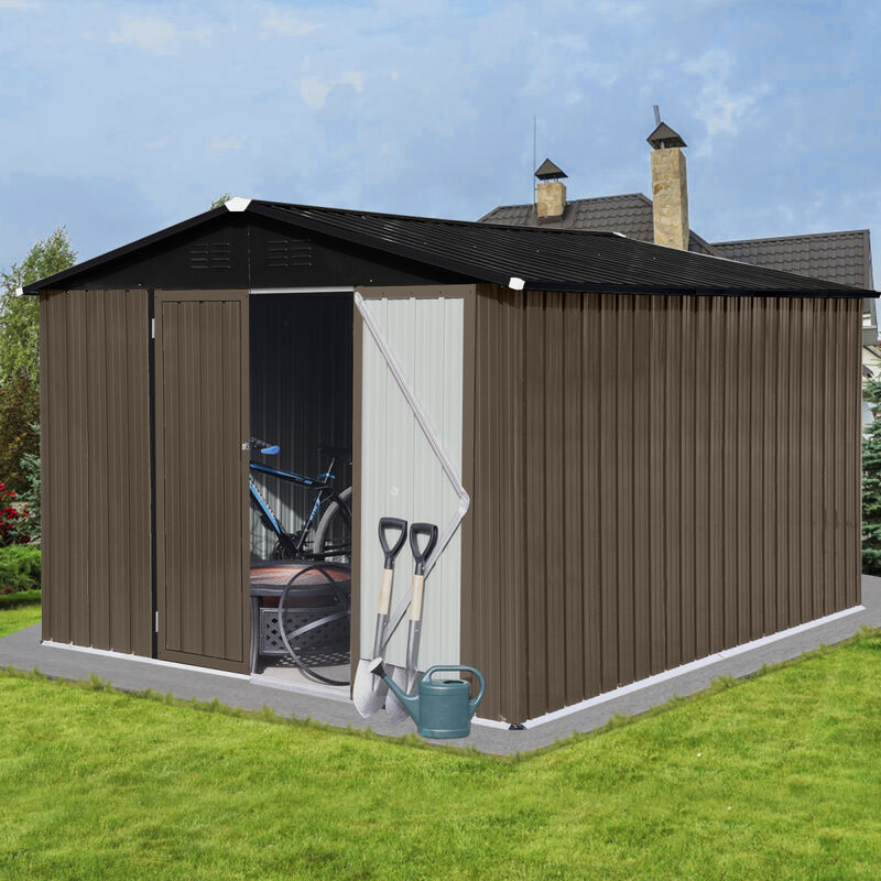 Metal Garden Sheds 10FT×8FT Outdoor Storage Sheds Brown + Black