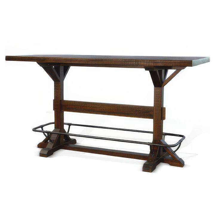 Flint Pub Bar Table, Black Metal Foot Rail, 78 Inch, Dark Brown Wood - Benzara