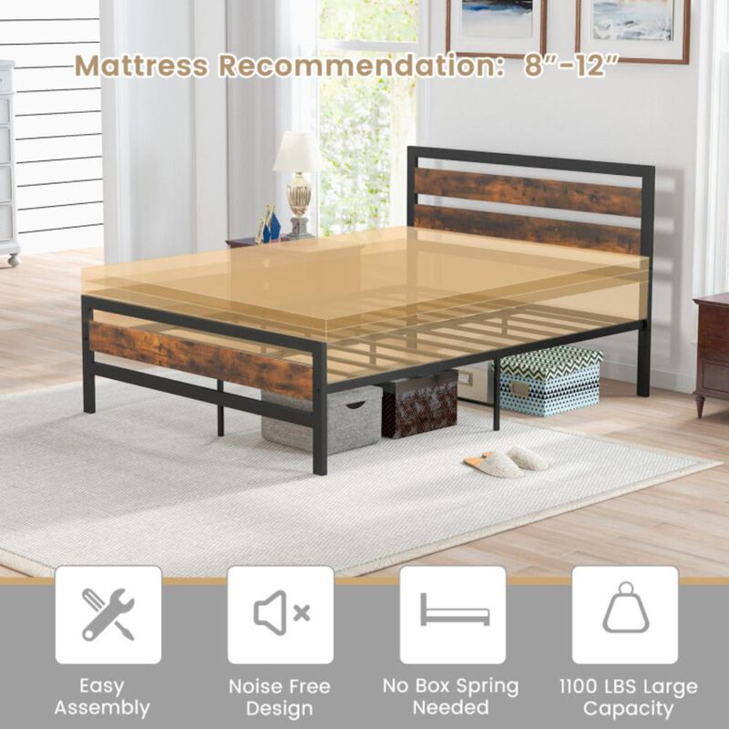 Hivvago Industrial Bed Frame with Rustic Headboard and Footboard