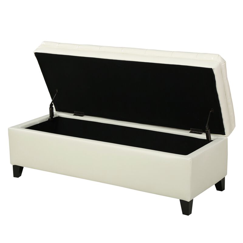 Rhya Storage Ottoman Bench, Ivory Faux Leather, Brown Wood, 50 Inch -Benzara