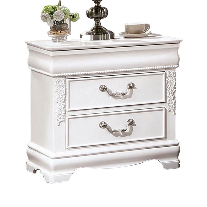 Benjara Aleci 24 Inch Nightstand, 2 Drawers, Carved Details, Solid Wood, White and Nickel Benjara Aleci 24 Inch Nightstand, 2 Drawers, Carved Details, Solid Wood, White and Nickel