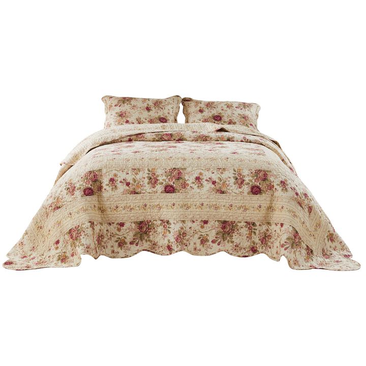 Rosle 3 Piece Queen Bedspread Set, Floral Print, Scalloped, Cream, Pink - Benzara