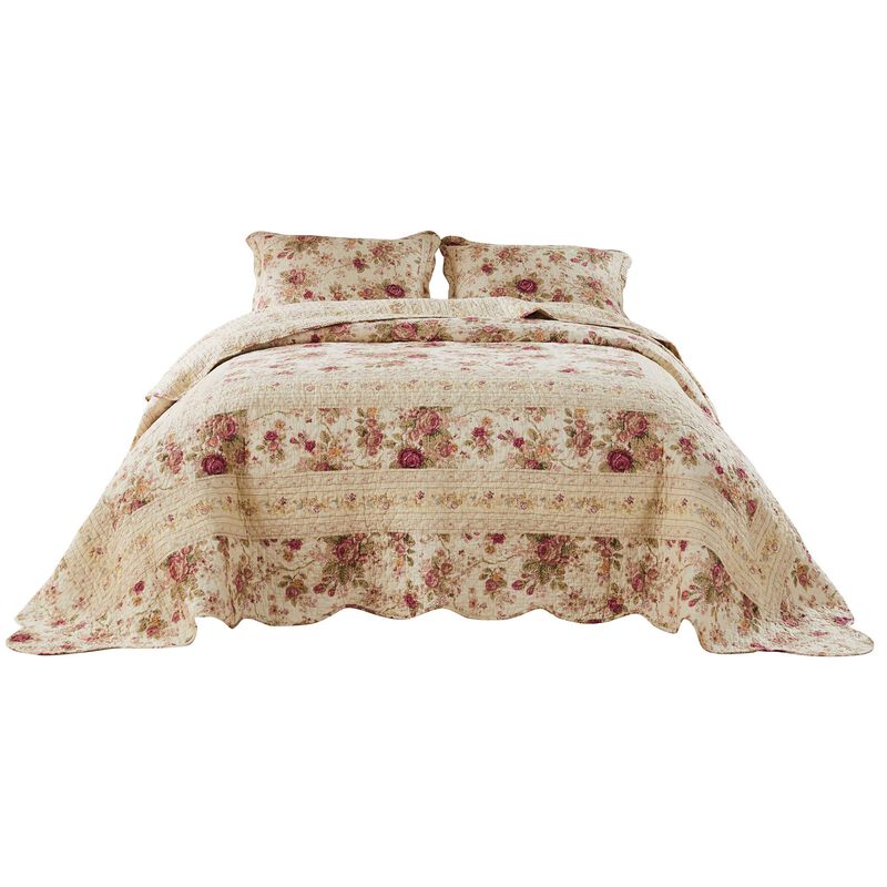 Rosle 3 Piece Queen Bedspread Set, Floral Print, Scalloped, Cream, Pink - Benzara
