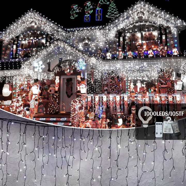 105ft LED Outdoor Christmas Lights with 1000 Bulbs, 50 Drops, 8 Modes, Waterproof, Timer & Memory Function