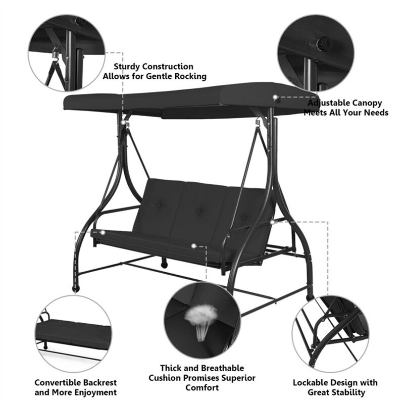 Adjustable Canopy 3-Person Swing Chair with Reclining Hammock Seat