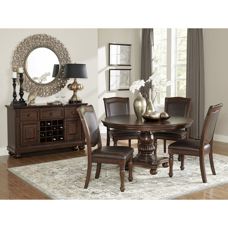Wooden side chairs set, brown cherry finish, faux leather upholstery