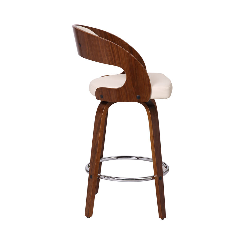 Shelly Bar Height Swivel Cream Faux Leather and Walnut Wood Bar Stool