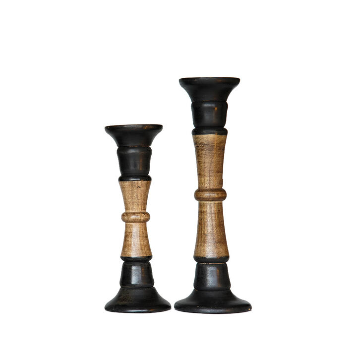 Traditional Dark Polish Eco-friendly Handmade Mango Wood Set Of Two 12" & 15" Pillar Candle Holder