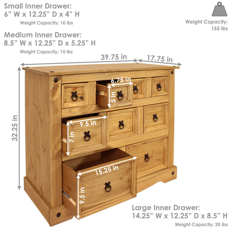 Sunnydaze 9-Drawer Solid Pine Chest - Light Brown - 39.75 in