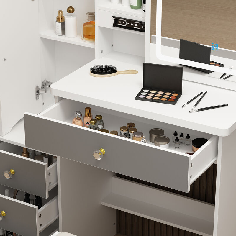 4-Drawers Wood Makeup Vanity Sets Dressing Table Sets in White with Stool, Mirror, LED Light and Storage Shelves