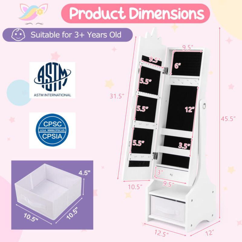 Hivvago Kids Jewelry Cabinet with Full-Length Mirror for Kids Bedroom and Playroom