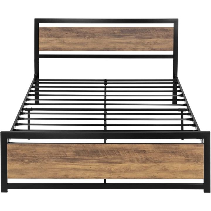 QuikFurn Full Metal Platform Bed Frame with Brown Wood Panel Headboard and Footboard