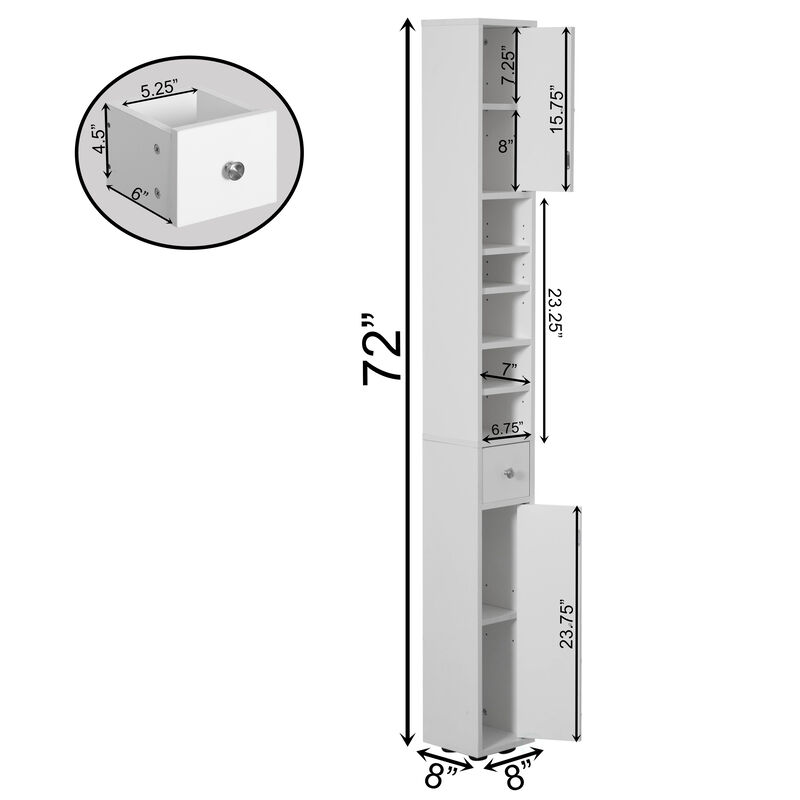 72 Inches Narrow, Tall and Space Saving Multi-Purpose Freestanding White Linen Tower - Ideal as Bathroom Organizer, Toilet Paper Cabinet and Kitchen Cabinet